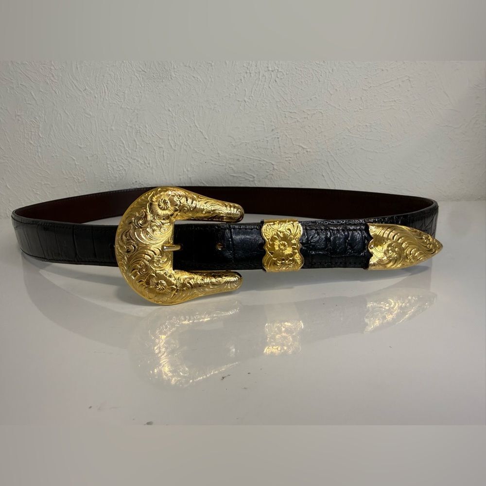 Vintage Chacon Black Alligator Belt Al Beres German Silver Buckle Size 36